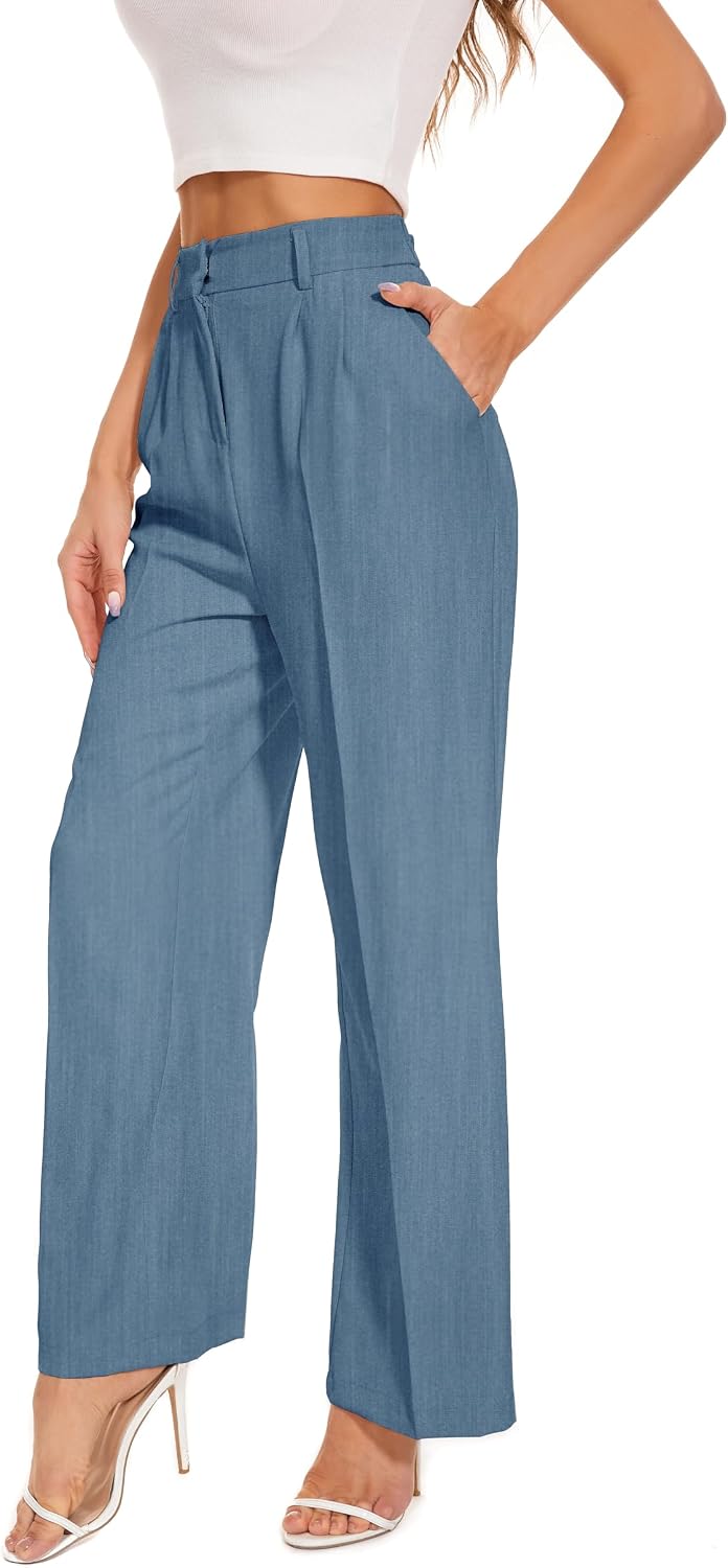 Women's High Waist Wide Leg Work Pants - Loose Office Slacks with Back Elastic Waistband for Business Casual - Small Lon