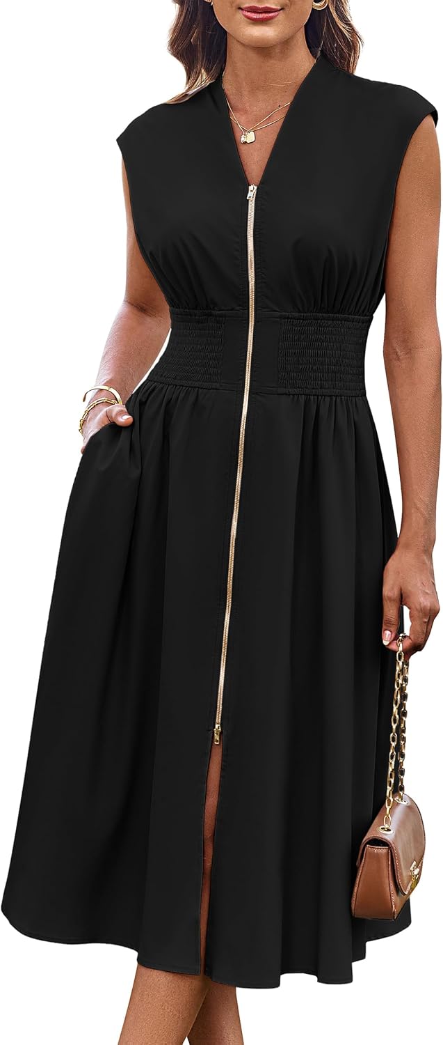 Women's Smocked Waist Work Dress - Cap Sleeve V Neck Midi with Front Zipper for Office and Summer Vacation Days - Aprico