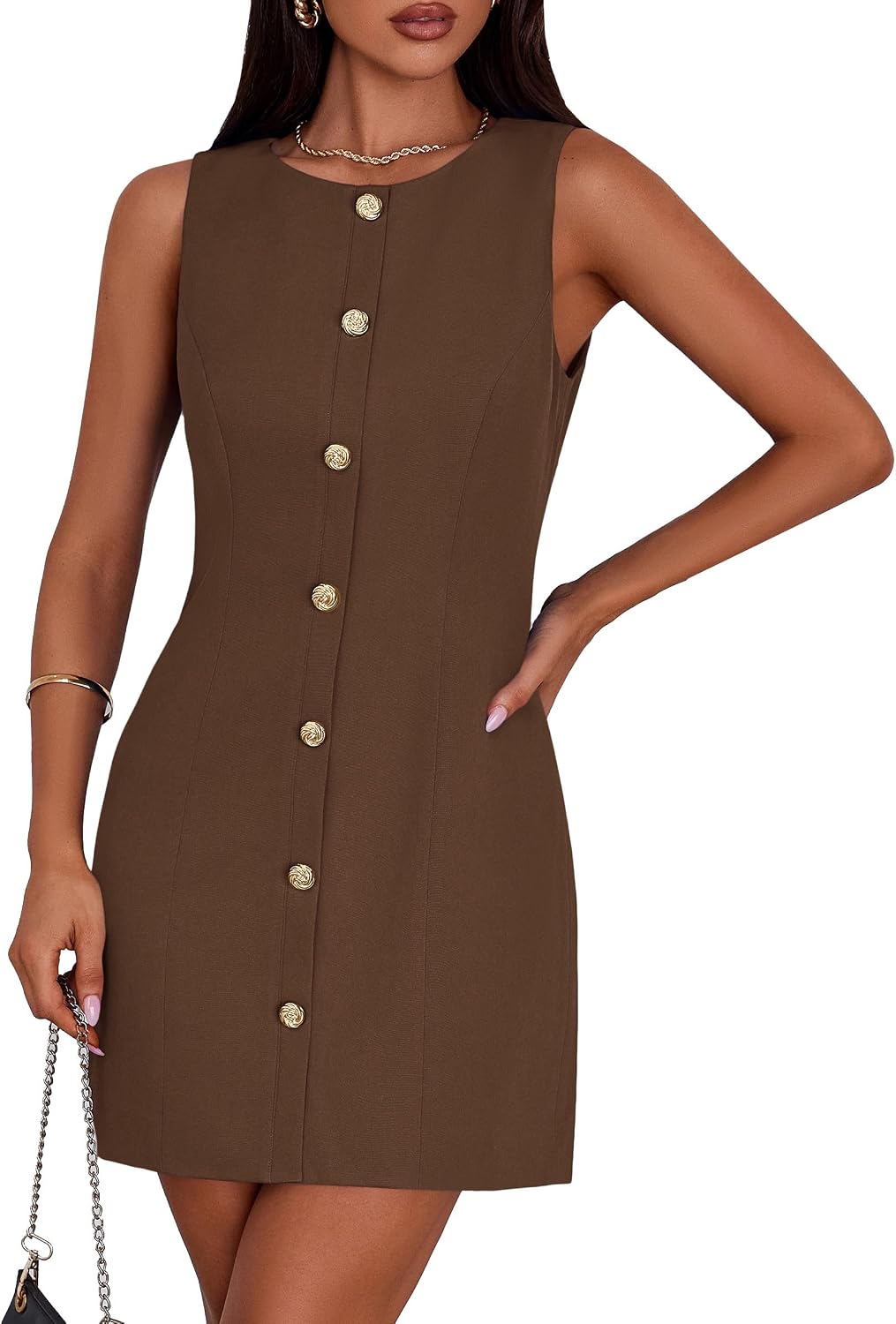 Women's A-Line Cocktail Work Dress - Sleeveless Button Down Mini with Semi Formal Styling for Office and Dinner - Medium
