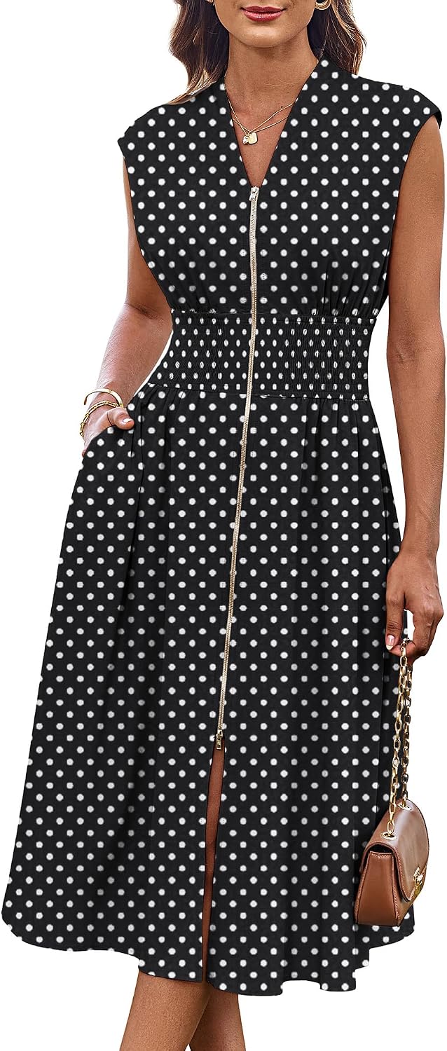 Women's Smocked Waist Work Dress - Cap Sleeve V Neck Midi with Front Zipper for Office and Summer Vacation Days - Army G
