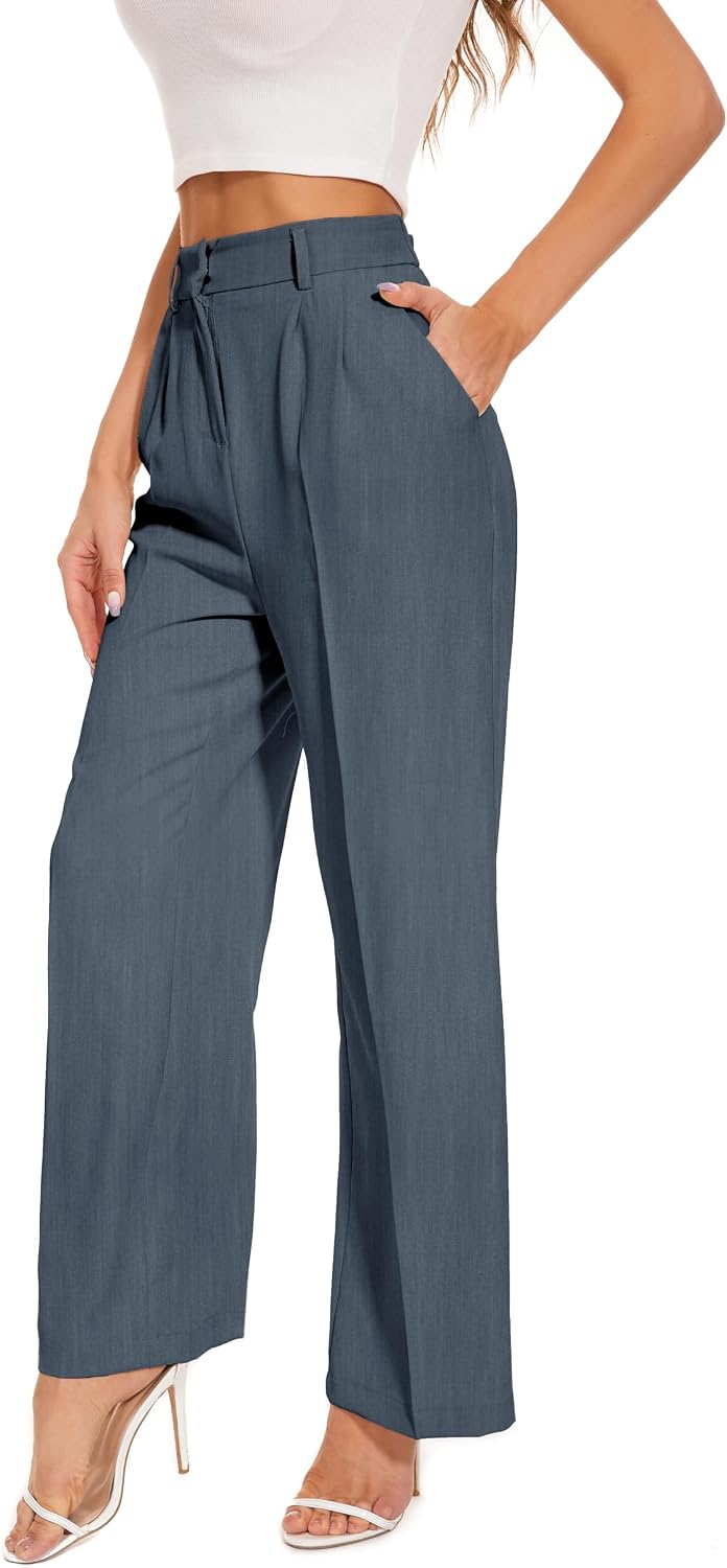 Women's High Waist Wide Leg Work Pants - Loose Office Slacks with Back Elastic Waistband for Business Casual - Small Lon
