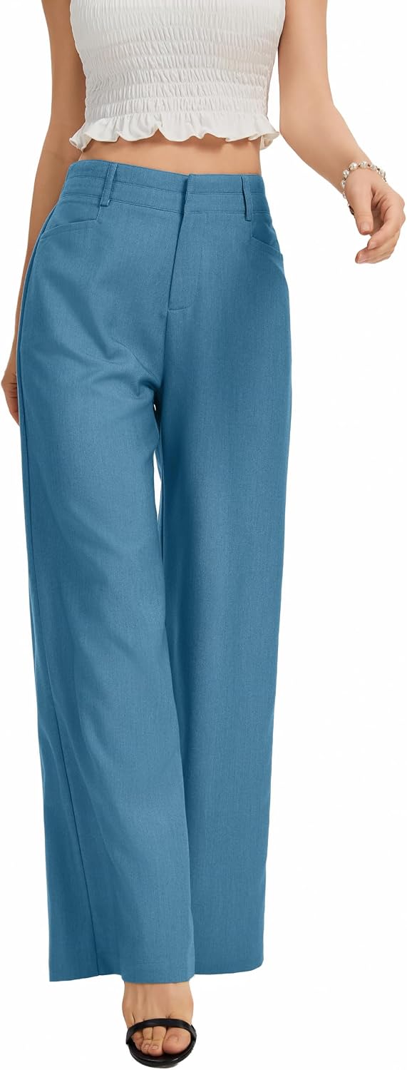 Women's High Waist Wide Leg Work Pants - Loose Office Slacks with Back Elastic Waistband for Business Casual - Medium