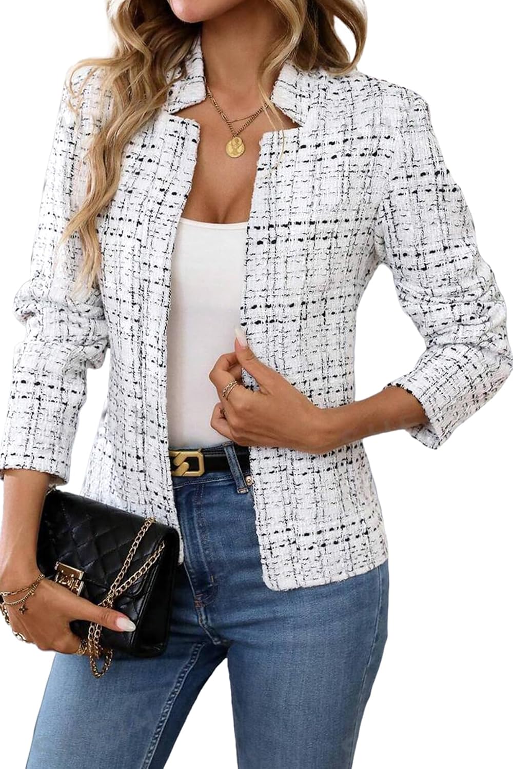 Women's Tweed Open Front Blazer - Fully Lined Notch Collar Jacket with Long Sleeves for Office and Business Wear - Small