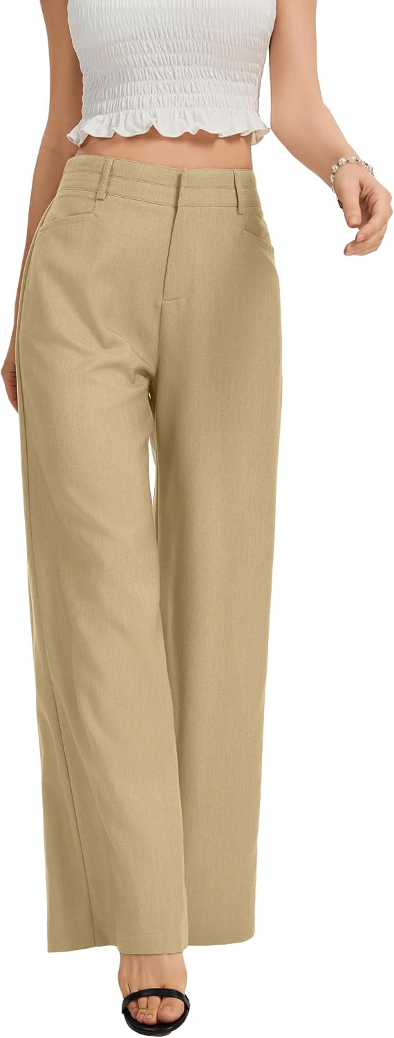 Women's High Waist Wide Leg Work Pants - Loose Office Slacks with Back Elastic Waistband for Business Casual - Large