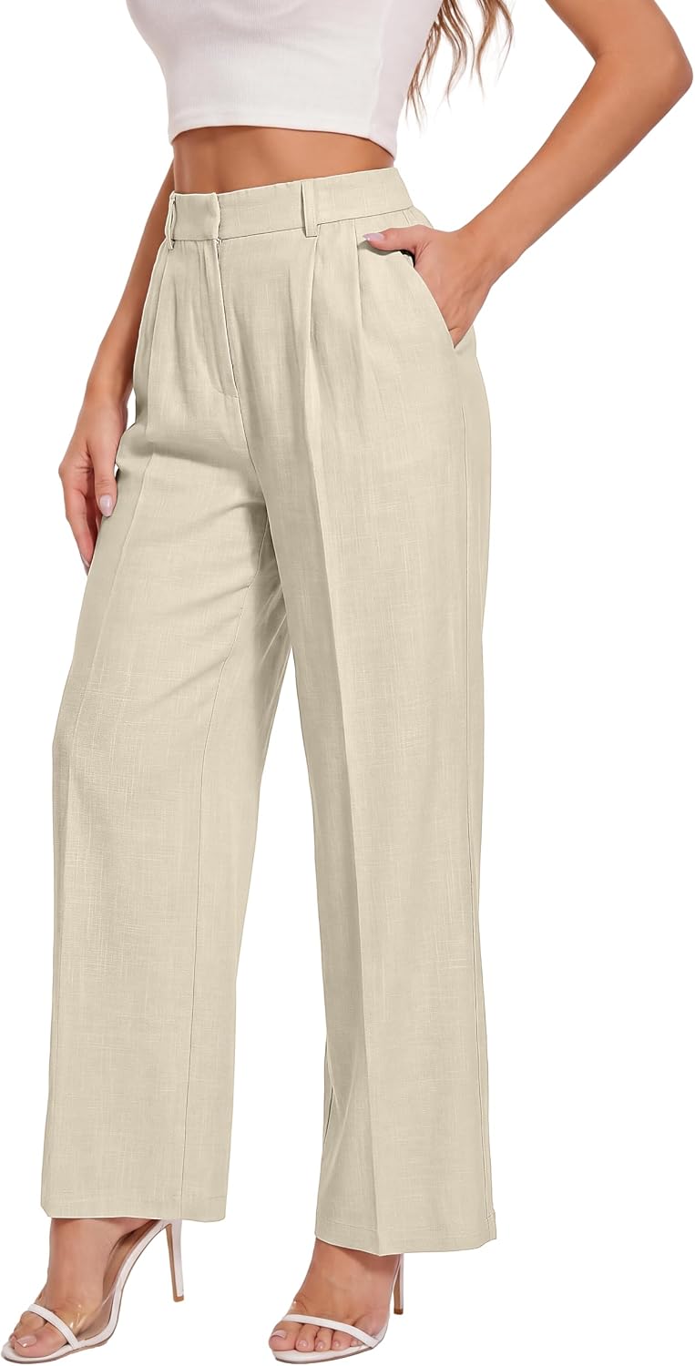 Women's High Waist Wide Leg Work Pants - Loose Office Slacks with Back Elastic Waistband for Business Casual - Large Sho