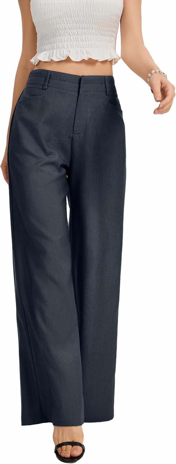 Women's High Waist Wide Leg Work Pants - Loose Office Slacks with Back Elastic Waistband for Business Casual - Large Lon