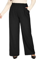Women's Plus Size Wide Leg Dress Pants - Pull On Stretch High Waist Trousers with Two Pockets for Office Work - Petite