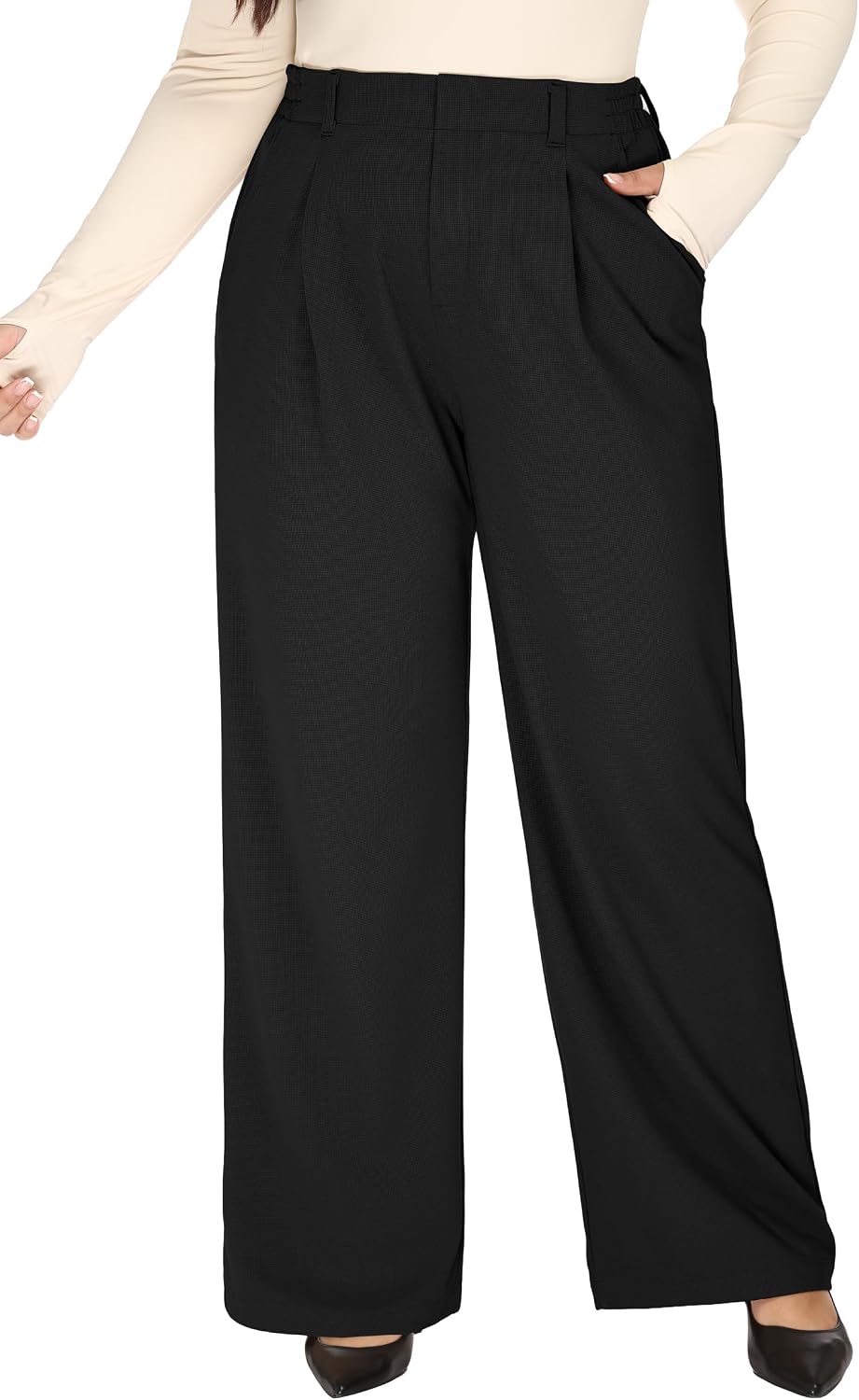 Women's Plus Size Wide Leg Dress Pants - Pull On Stretch High Waist Trousers with Two Pockets for Office Work - Petite
