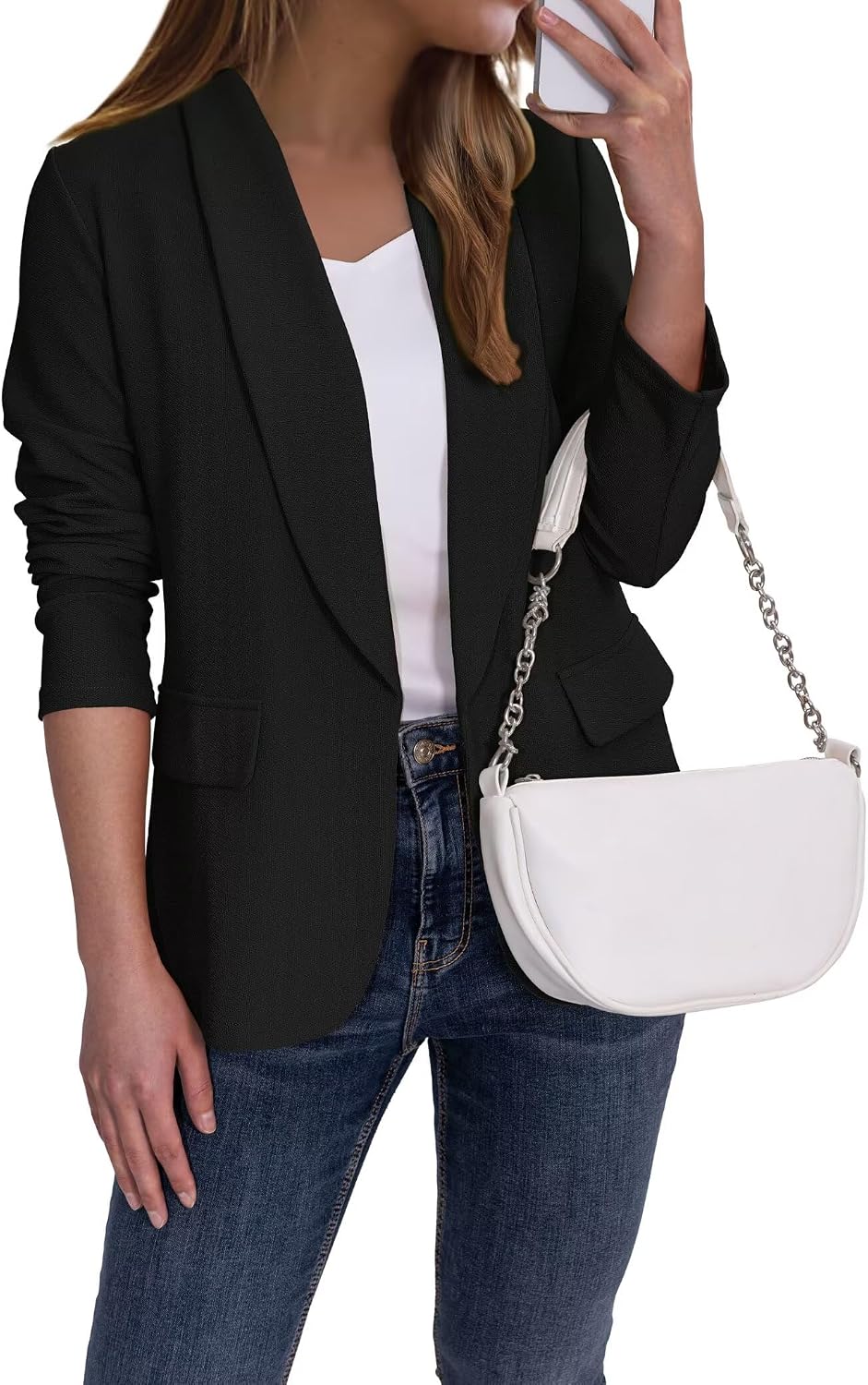 Women's Classic Lapel Blazer - Open Front Work Suit Jacket with Long Sleeves for Meetings and Business Casual - Small