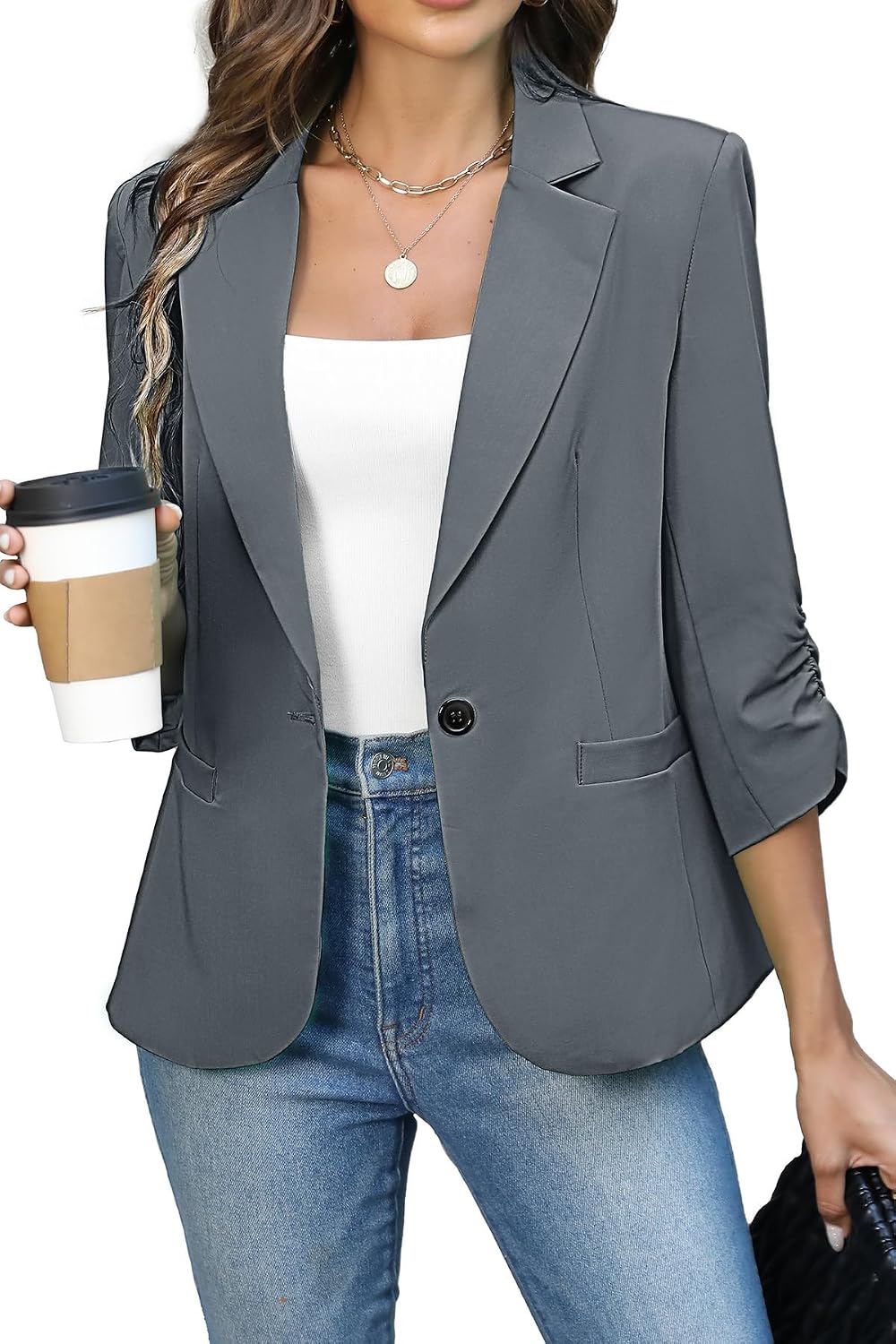 Women's Ruched Three Quarter Sleeve Blazer - Lightweight Fitted Crop Jacket with Full Lining for Spring Office - Small