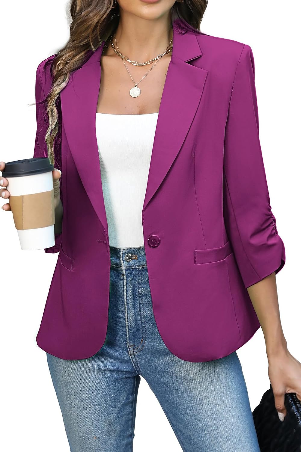 Women's Ruched Three Quarter Sleeve Blazer - Lightweight Fitted Crop Jacket with Full Lining for Spring Office - Small