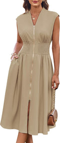 Women's Smocked Waist Work Dress - Cap Sleeve V Neck Midi with Front Zipper for Office and Summer Vacation Days - Aprico