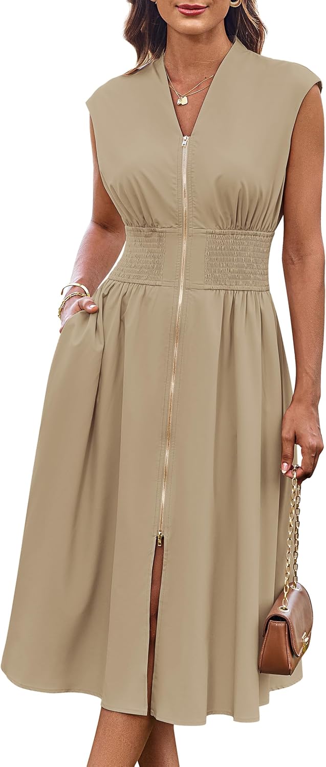 Women's Smocked Waist Work Dress - Cap Sleeve V Neck Midi with Front Zipper for Office and Summer Vacation Days - Aprico