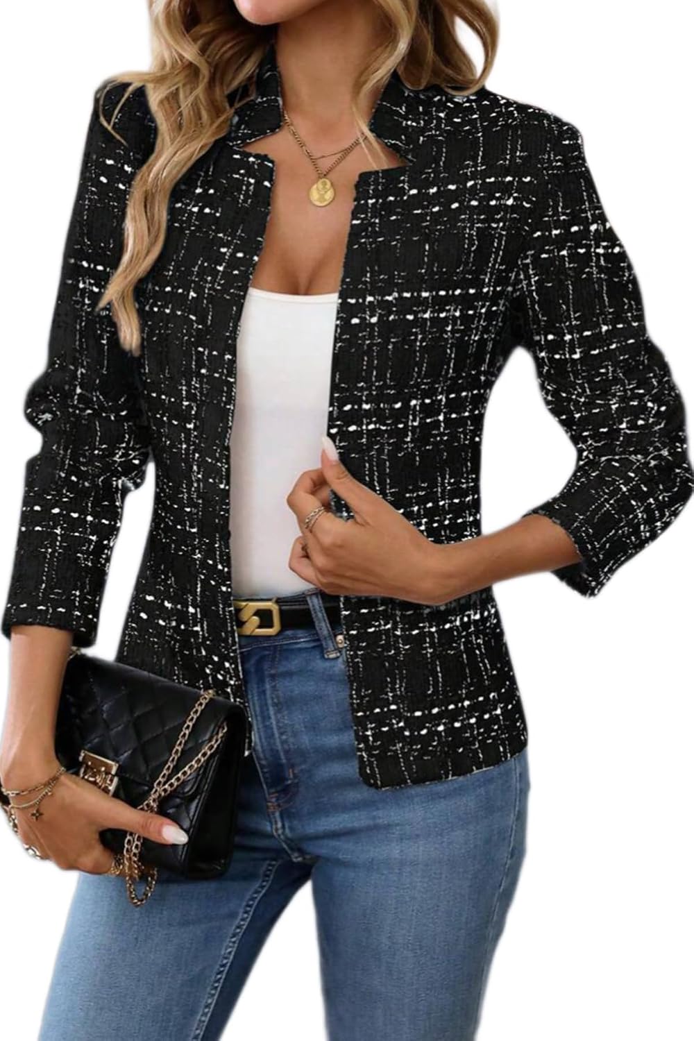 Women's Tweed Open Front Blazer - Fully Lined Notch Collar Jacket with Long Sleeves for Office and Business Wear - Small
