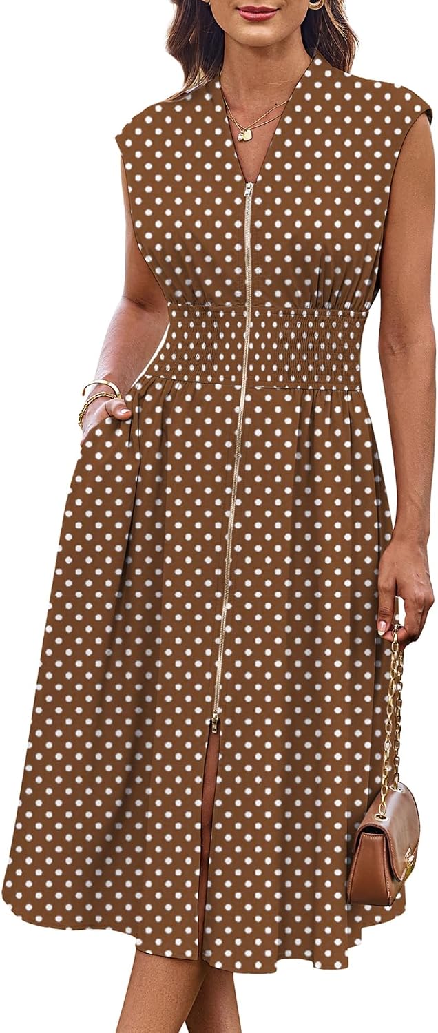 Women's Smocked Waist Work Dress - Cap Sleeve V Neck Midi with Front Zipper for Office and Summer Vacation Days - Army G