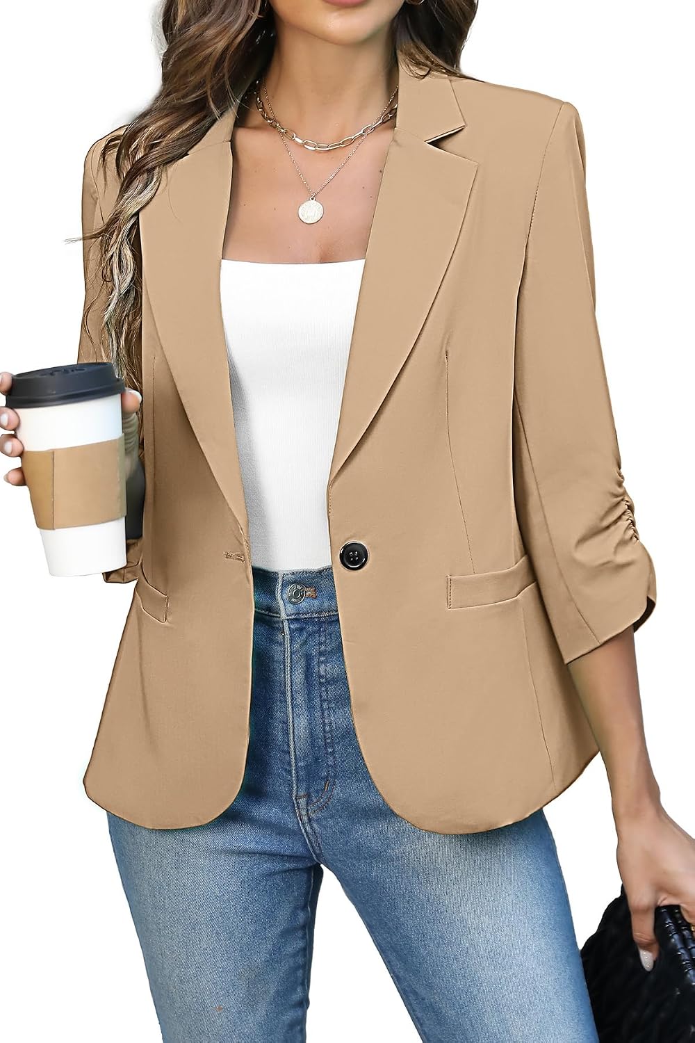 Women's Ruched Three Quarter Sleeve Blazer - Lightweight Fitted Crop Jacket with Full Lining for Spring Office - Small (