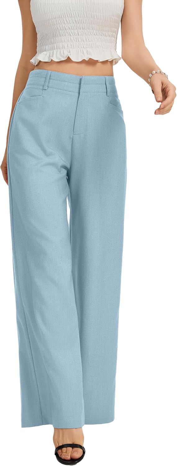 Women's High Waist Wide Leg Work Pants - Loose Office Slacks with Back Elastic Waistband for Business Casual - Medium Lo