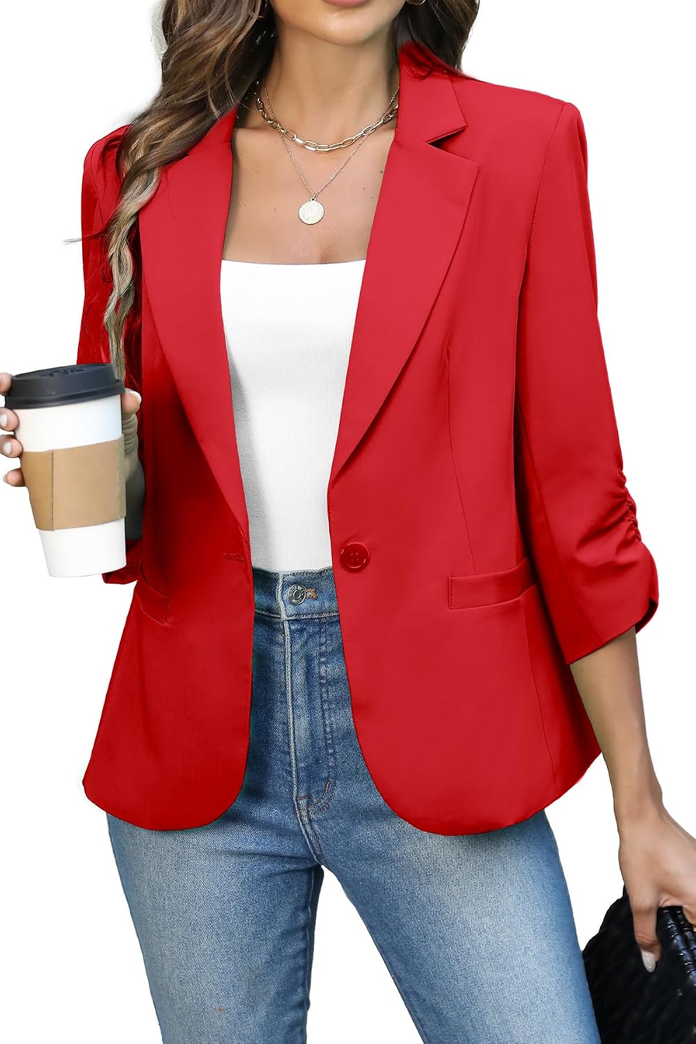 Women's Ruched Three Quarter Sleeve Blazer - Lightweight Fitted Crop Jacket with Full Lining for Spring Office - Small (