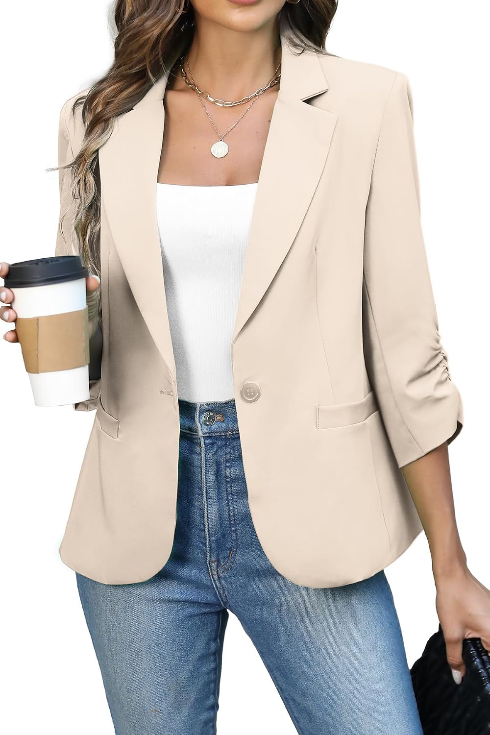 Women's Ruched Three Quarter Sleeve Blazer - Lightweight Fitted Crop Jacket with Full Lining for Spring Office - Small (