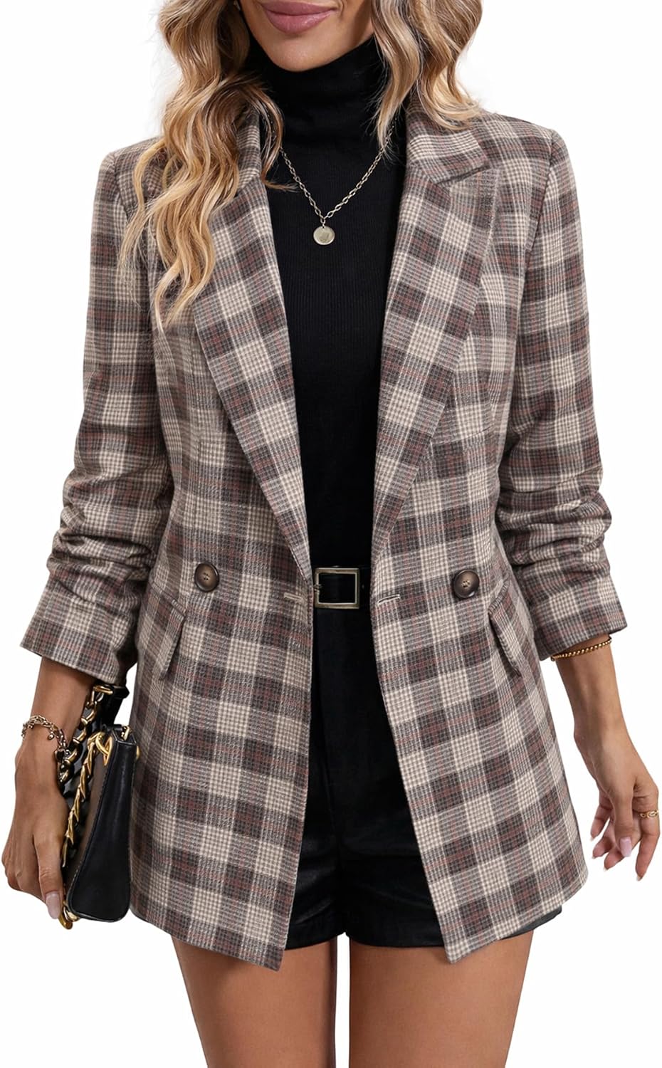 Women's Plaid Houndstooth Blazer - Fully Lined Double Breasted Jacket with Notched Lapel and Pockets for Fall Work - Pla