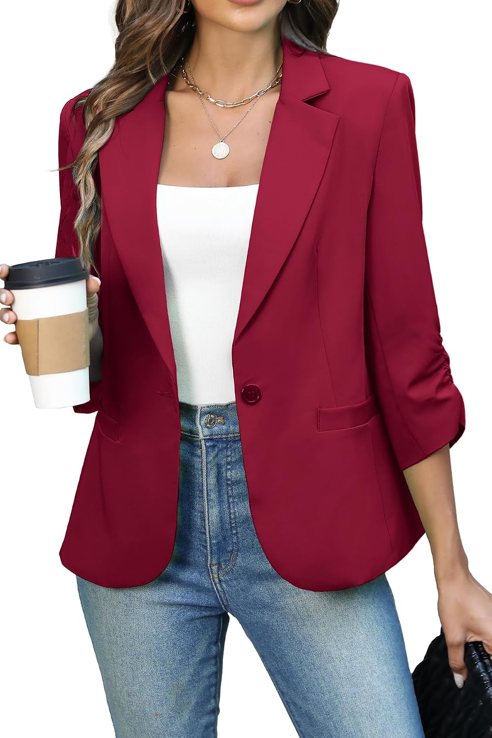 Women's Ruched Three Quarter Sleeve Blazer - Lightweight Fitted Crop Jacket with Full Lining for Spring Office - Small