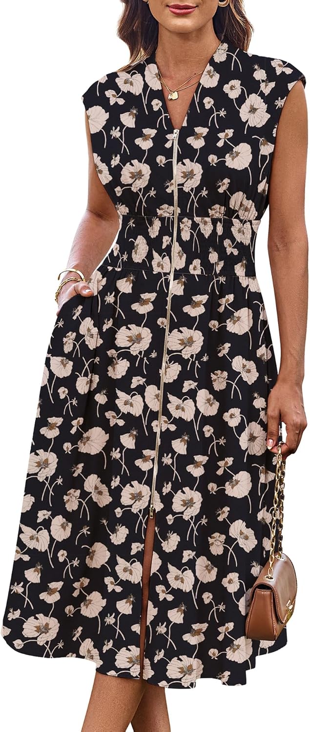 Women's Smocked Waist Work Dress - Cap Sleeve V Neck Midi with Front Zipper for Office and Summer Vacation Days - Black