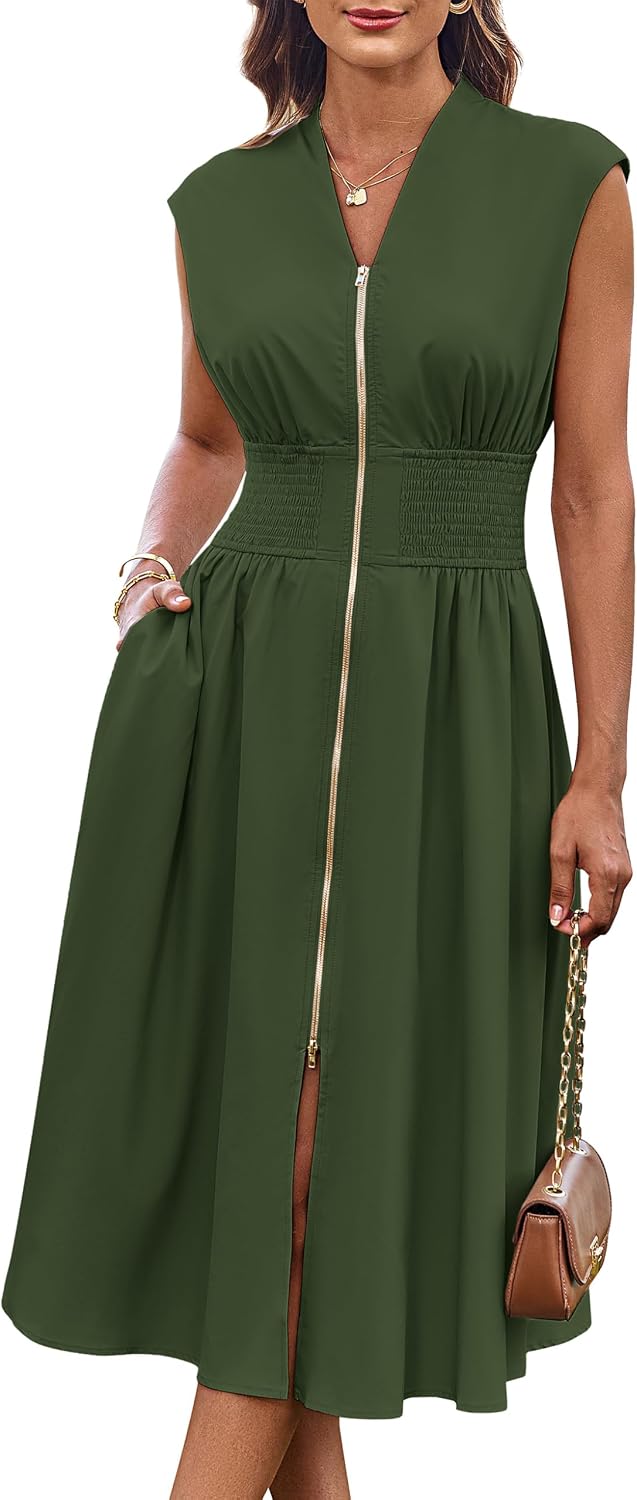 Women's Smocked Waist Work Dress - Cap Sleeve V Neck Midi with Front Zipper for Office and Summer Vacation Days - Black