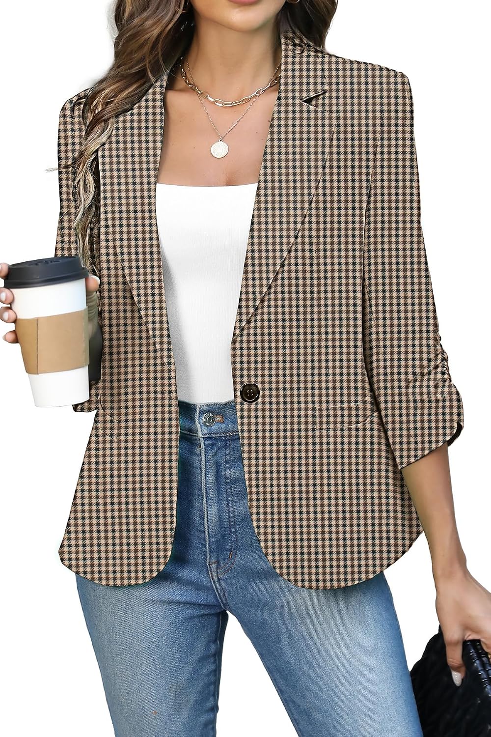 Women's Ruched Three Quarter Sleeve Blazer - Lightweight Fitted Crop Jacket with Full Lining for Spring Office - Small (