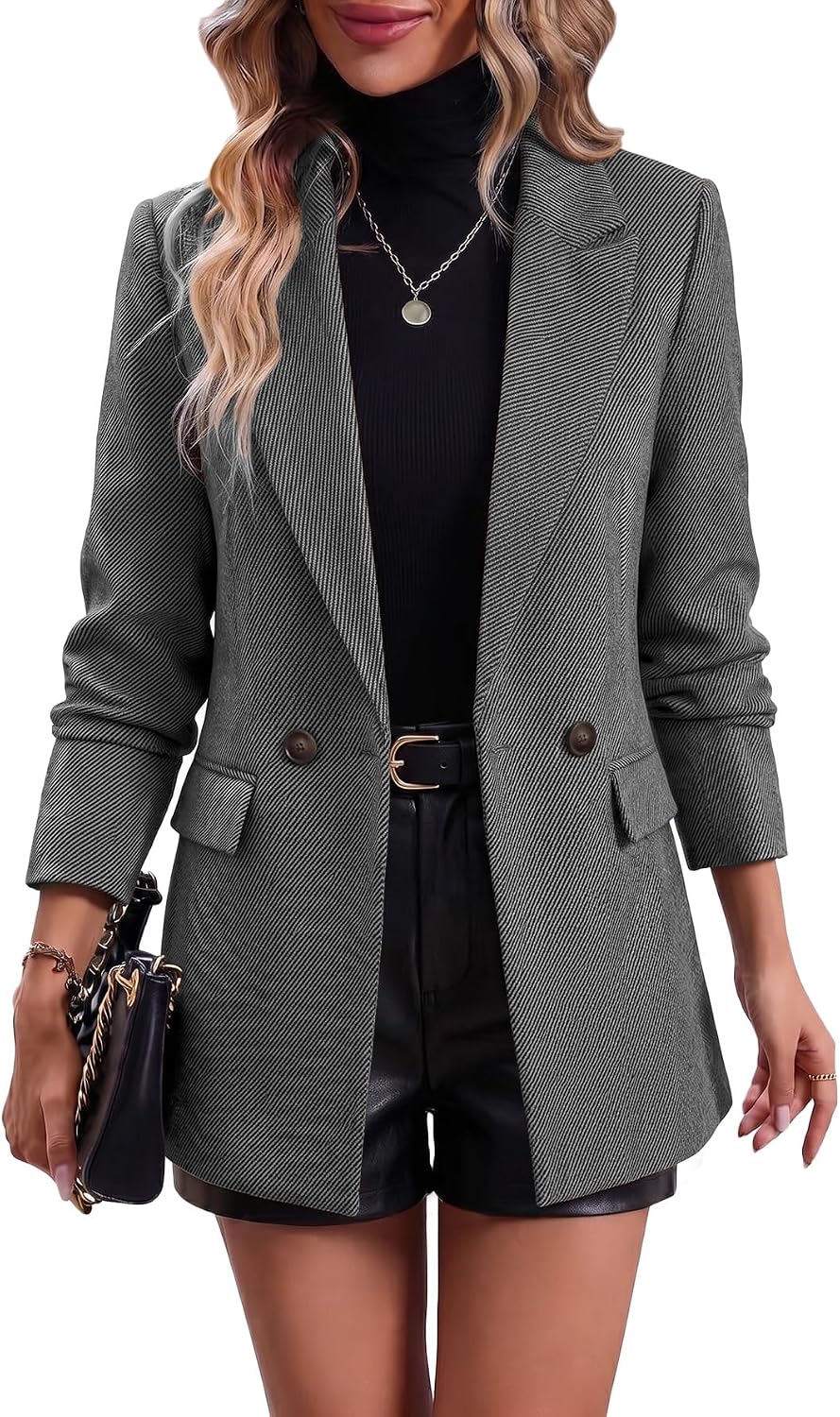 Women's Plaid Houndstooth Blazer - Fully Lined Double Breasted Jacket with Notched Lapel and Pockets for Fall Work - Pla
