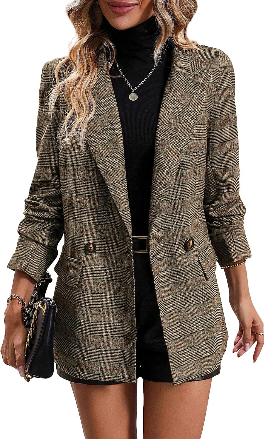 Women's Plaid Houndstooth Blazer - Fully Lined Double Breasted Jacket with Notched Lapel and Pockets for Fall Work - Pla