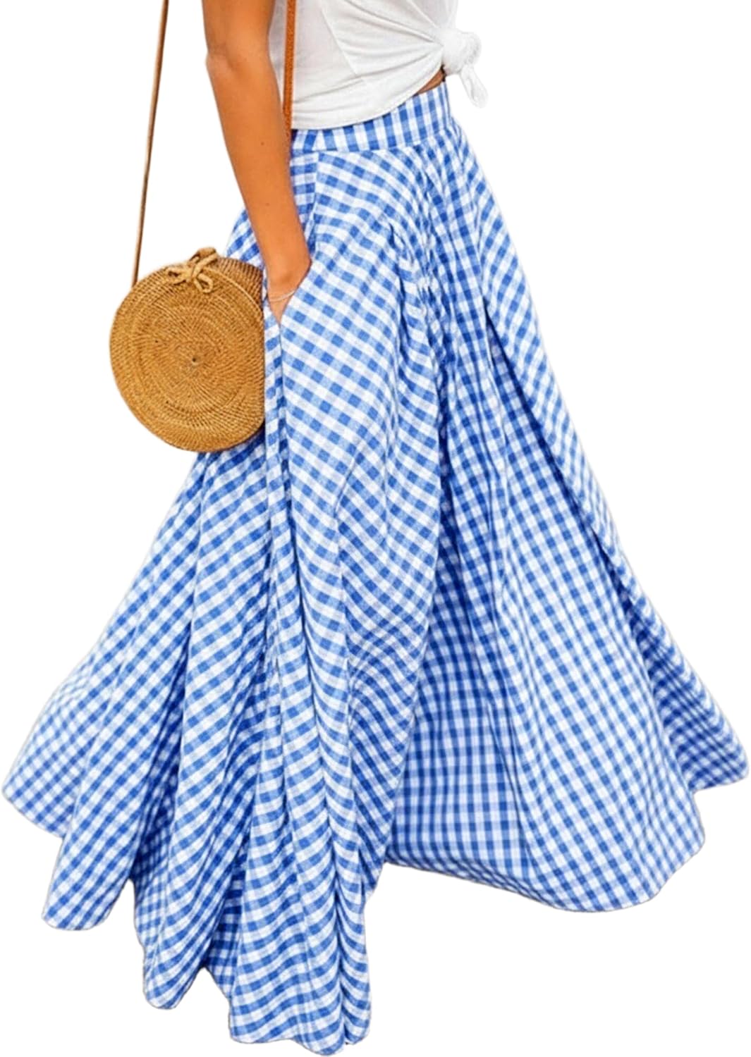 Women's Gingham Plaid Maxi Skirt - High Waist A-Line Pleated Long Skirt with Elastic Waist and Side Pockets - Medium
