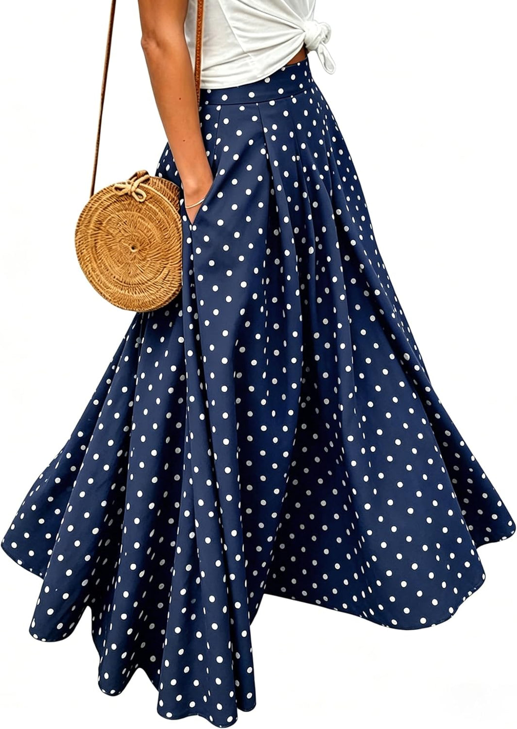 Women's Gingham Plaid Maxi Skirt - High Waist A-Line Pleated Long Skirt with Elastic Waist and Side Pockets - Medium