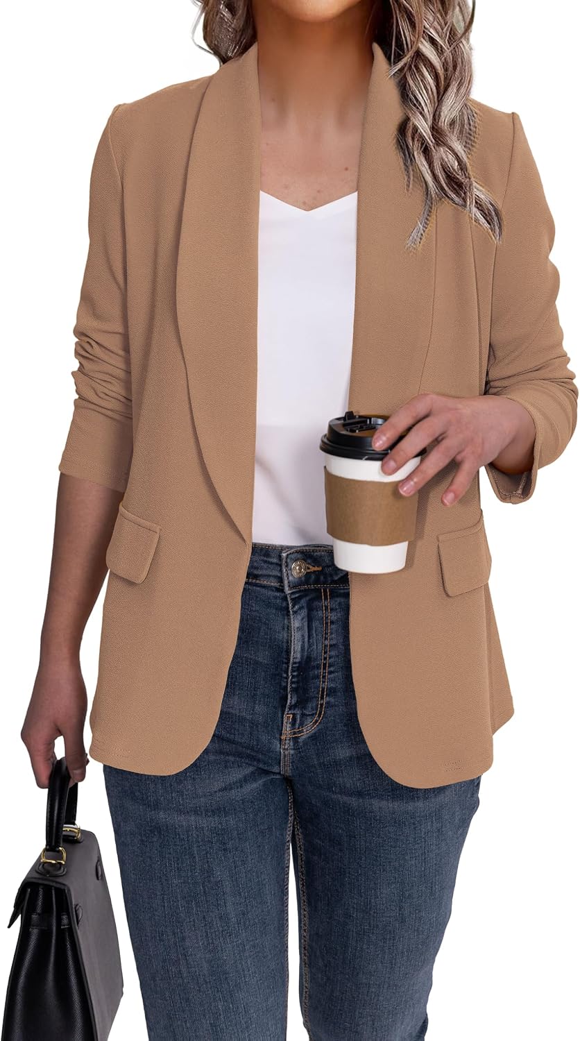 Women's Classic Lapel Blazer - Open Front Work Suit Jacket with Long Sleeves for Meetings and Business Casual - Small