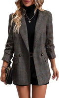 Women's Plaid Houndstooth Blazer - Fully Lined Double Breasted Jacket with Notched Lapel and Pockets for Fall Work - Pla
