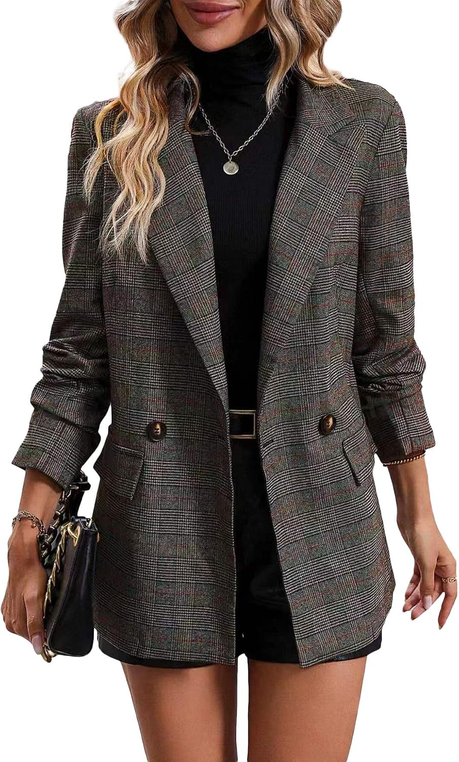 Women's Plaid Houndstooth Blazer - Fully Lined Double Breasted Jacket with Notched Lapel and Pockets for Fall Work - Pla