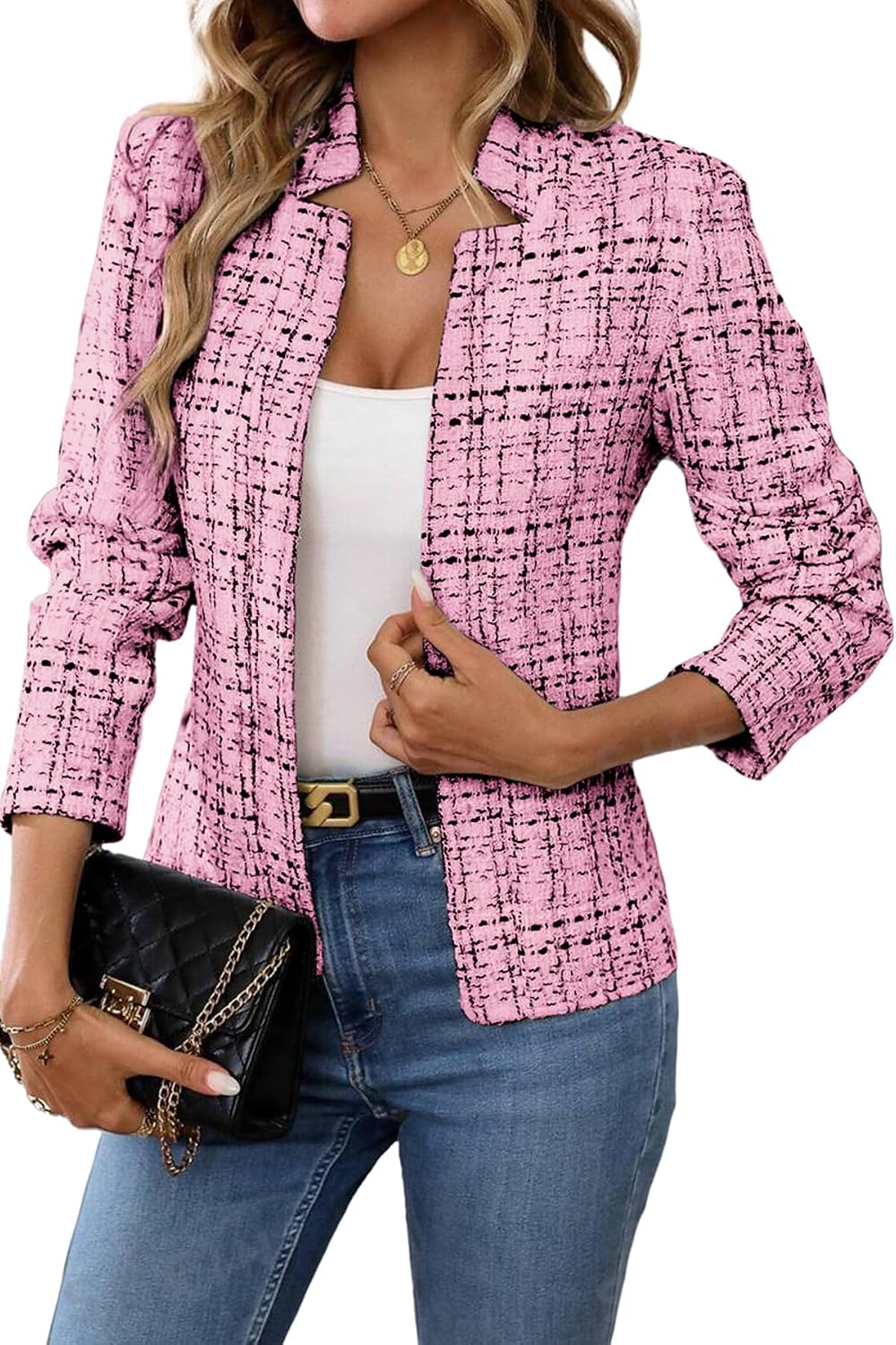 Women's Tweed Open Front Blazer - Fully Lined Notch Collar Jacket with Long Sleeves for Office and Business Wear - Small