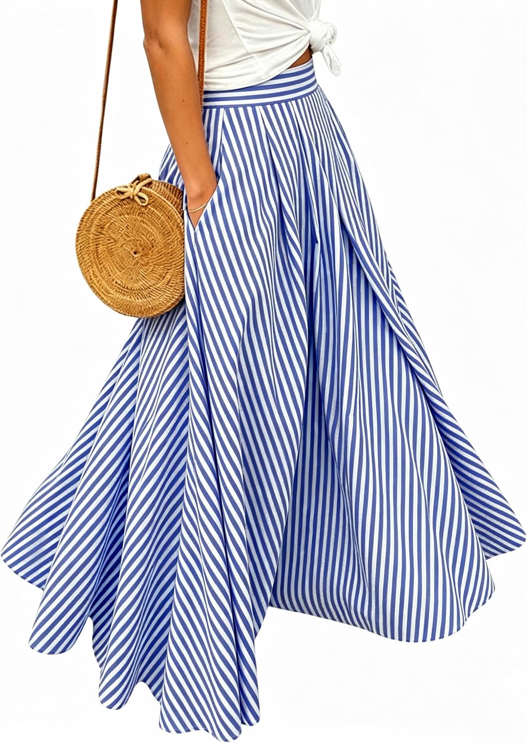 Women's Gingham Plaid Maxi Skirt - High Waist A-Line Pleated Long Skirt with Elastic Waist and Side Pockets - Medium