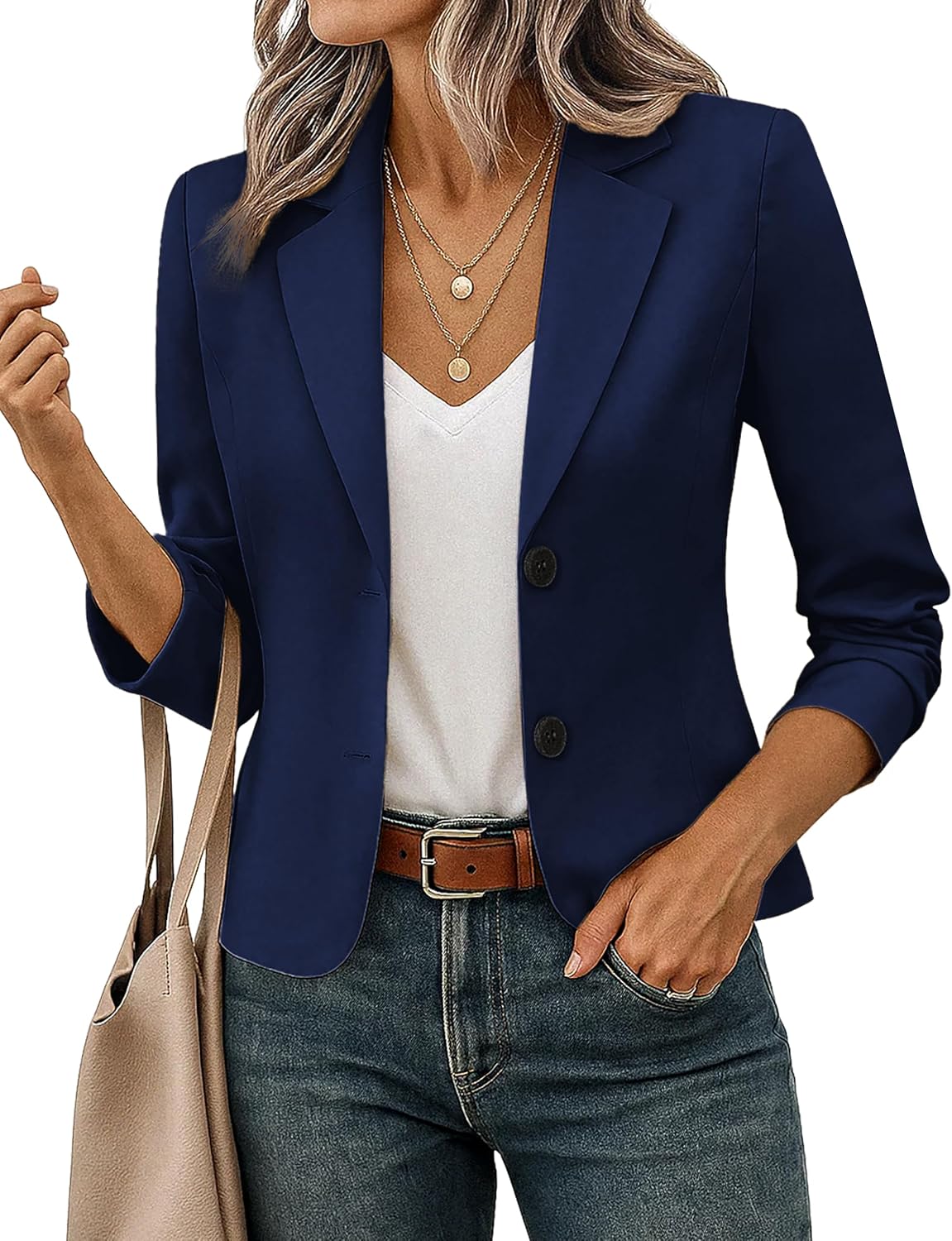 Women's Cropped Blazer Jacket - Lightweight Lined Suit Jacket with Classic Lapel Collar for Office and Casual Wear - Med