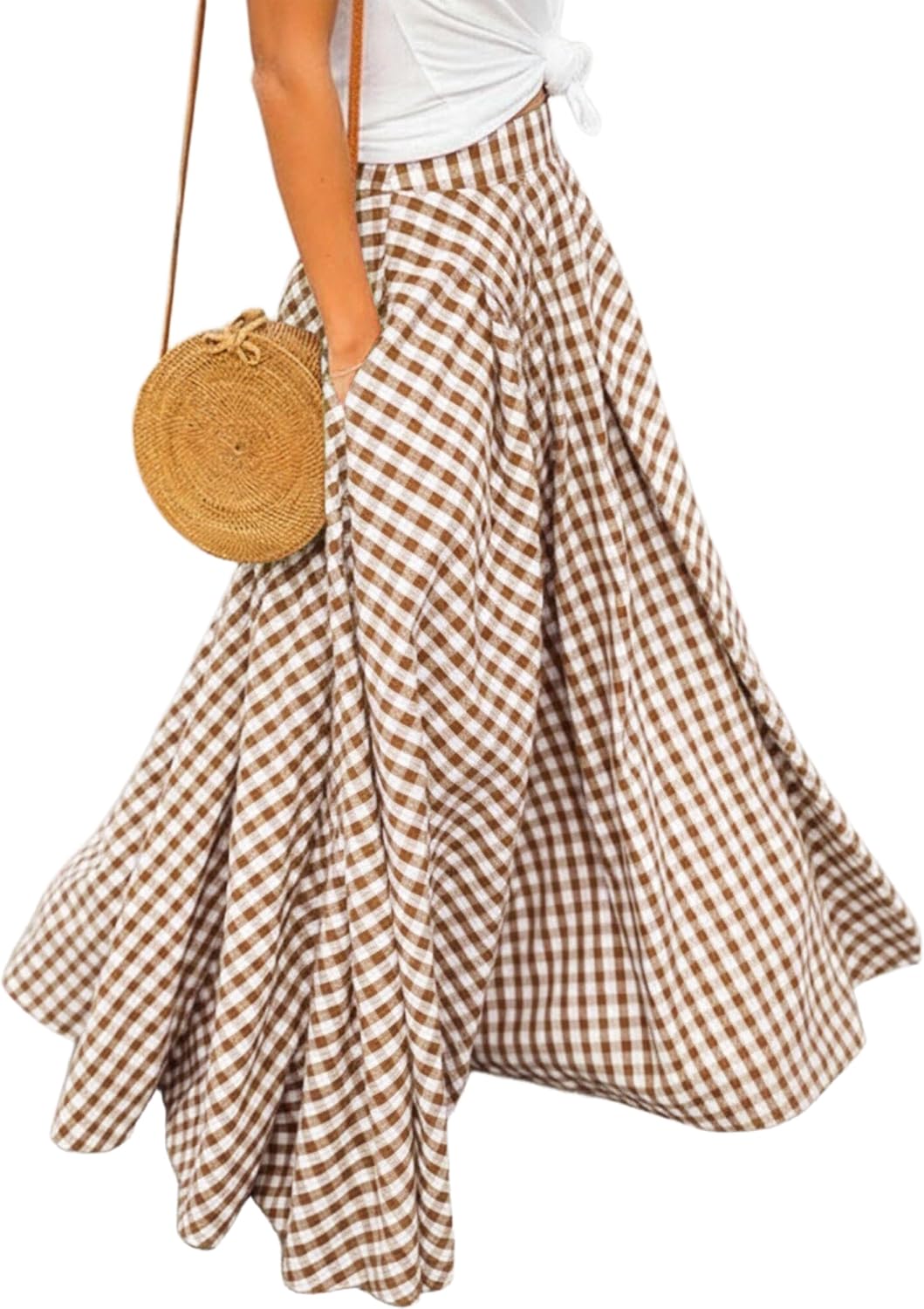 Women's Gingham Plaid Maxi Skirt - High Waist A-Line Pleated Long Skirt with Elastic Waist and Side Pockets - Small