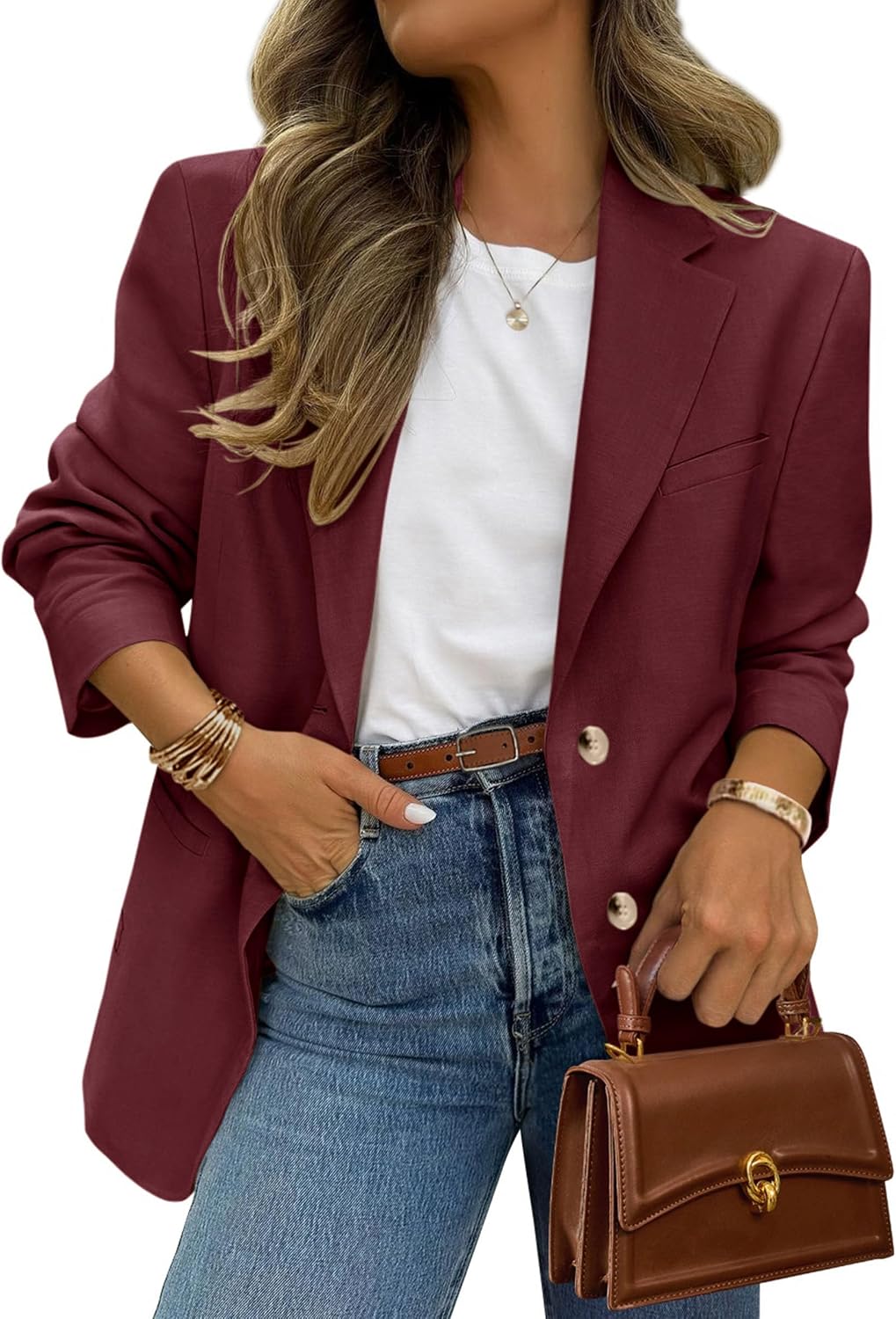 Women's Business Casual Blazer - Notch Lapel Suit Jacket with Button Down Front and Pockets for Office and Fall - Medium