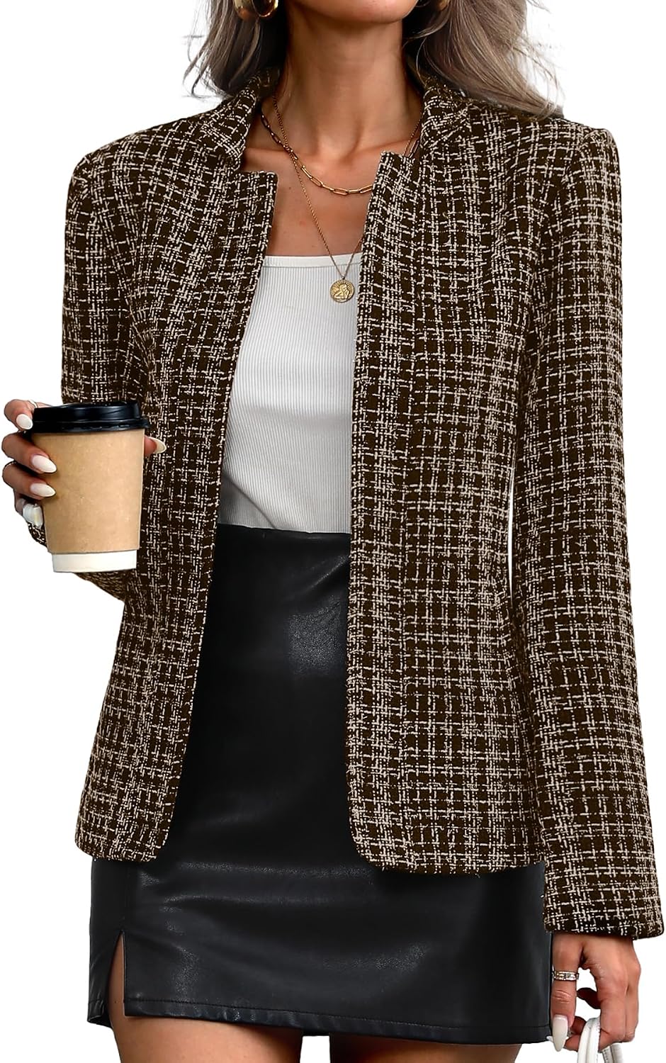 Women's Tweed Open Front Blazer - Fully Lined Notch Collar Jacket with Long Sleeves for Office and Business Wear - Small