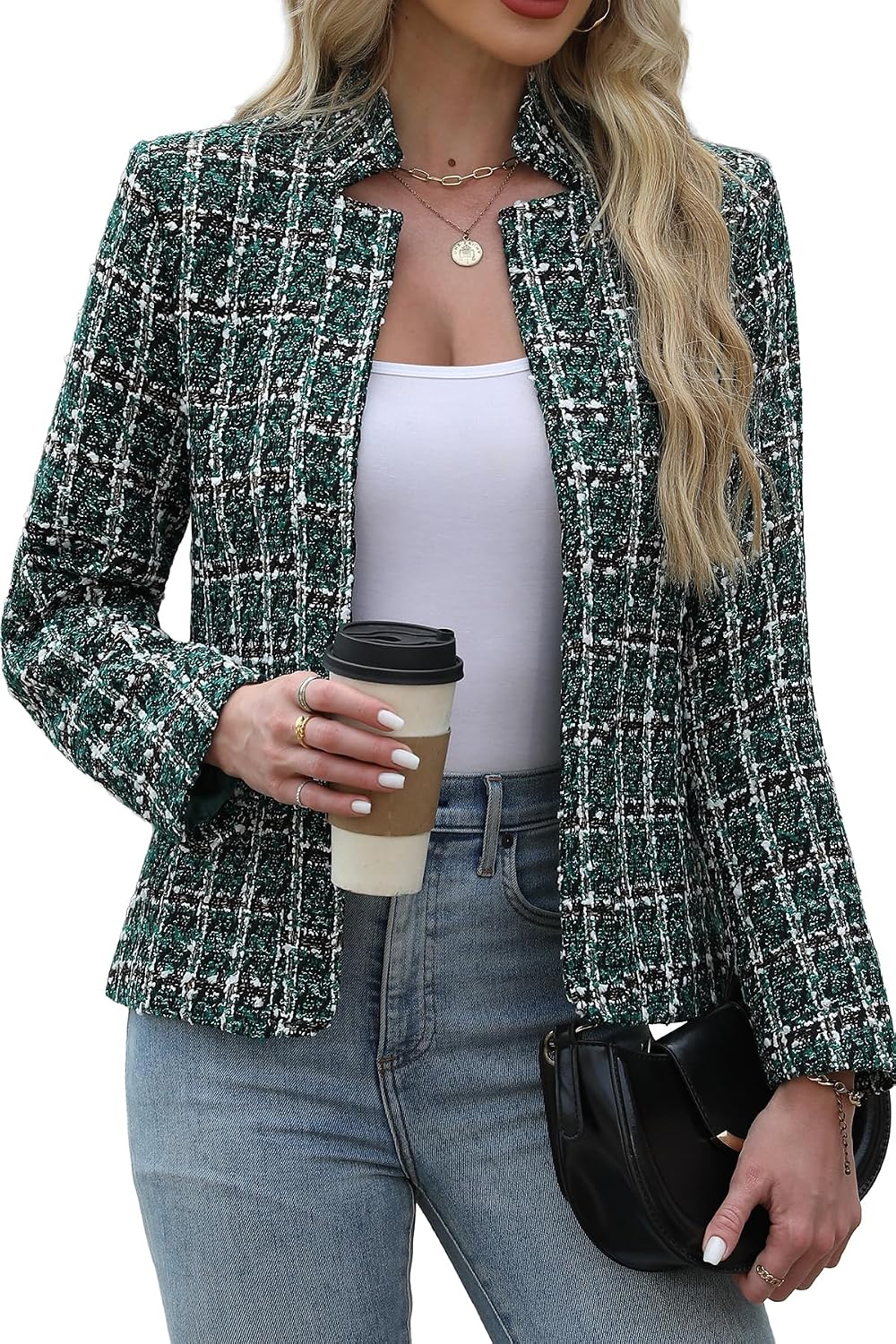 Women's Tweed Open Front Blazer - Fully Lined Notch Collar Jacket with Long Sleeves for Office and Business Wear - Small