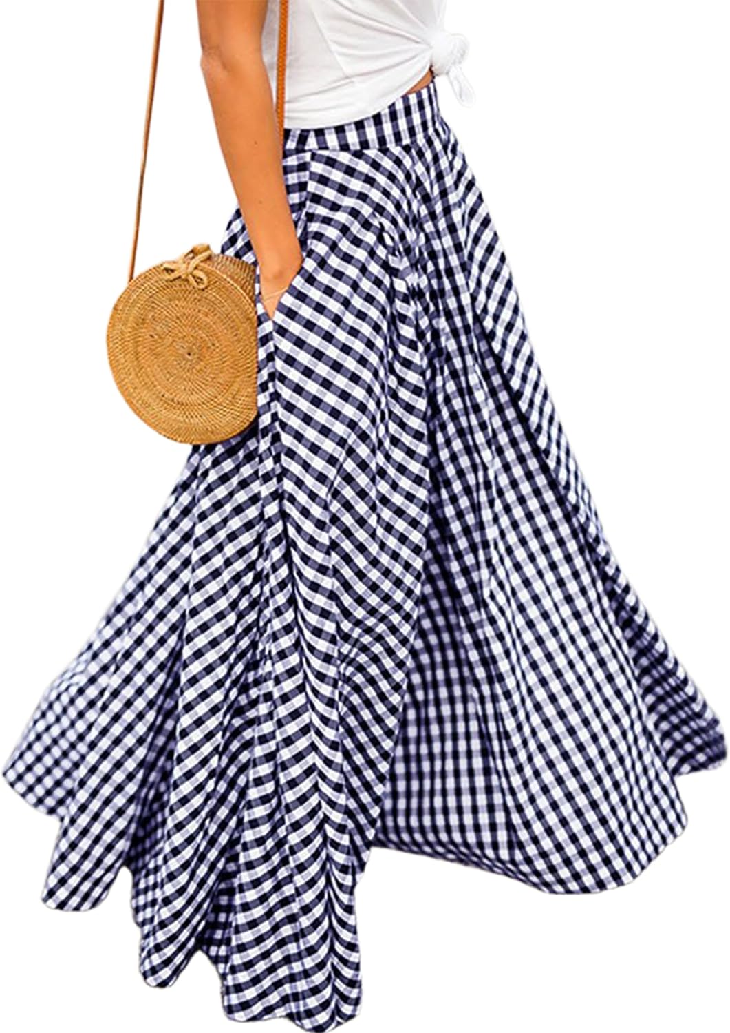 Women's Gingham Plaid Maxi Skirt - High Waist A-Line Pleated Long Skirt with Elastic Waist and Side Pockets - Small