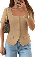 Women's Short Sleeve Crop Blouse - Button Down Vest Top for Layering Under a Blazer at Work or Date Nights - Small