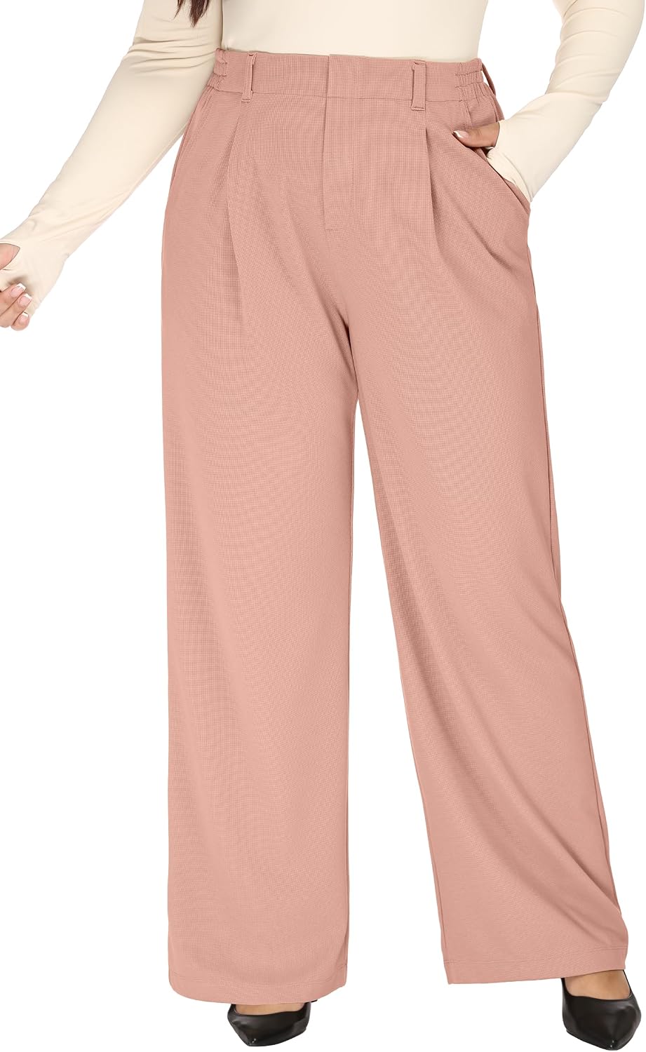 Women's Plus Size Wide Leg Dress Pants - Pull On Stretch High Waist Trousers with Two Pockets for Office Work - Petite