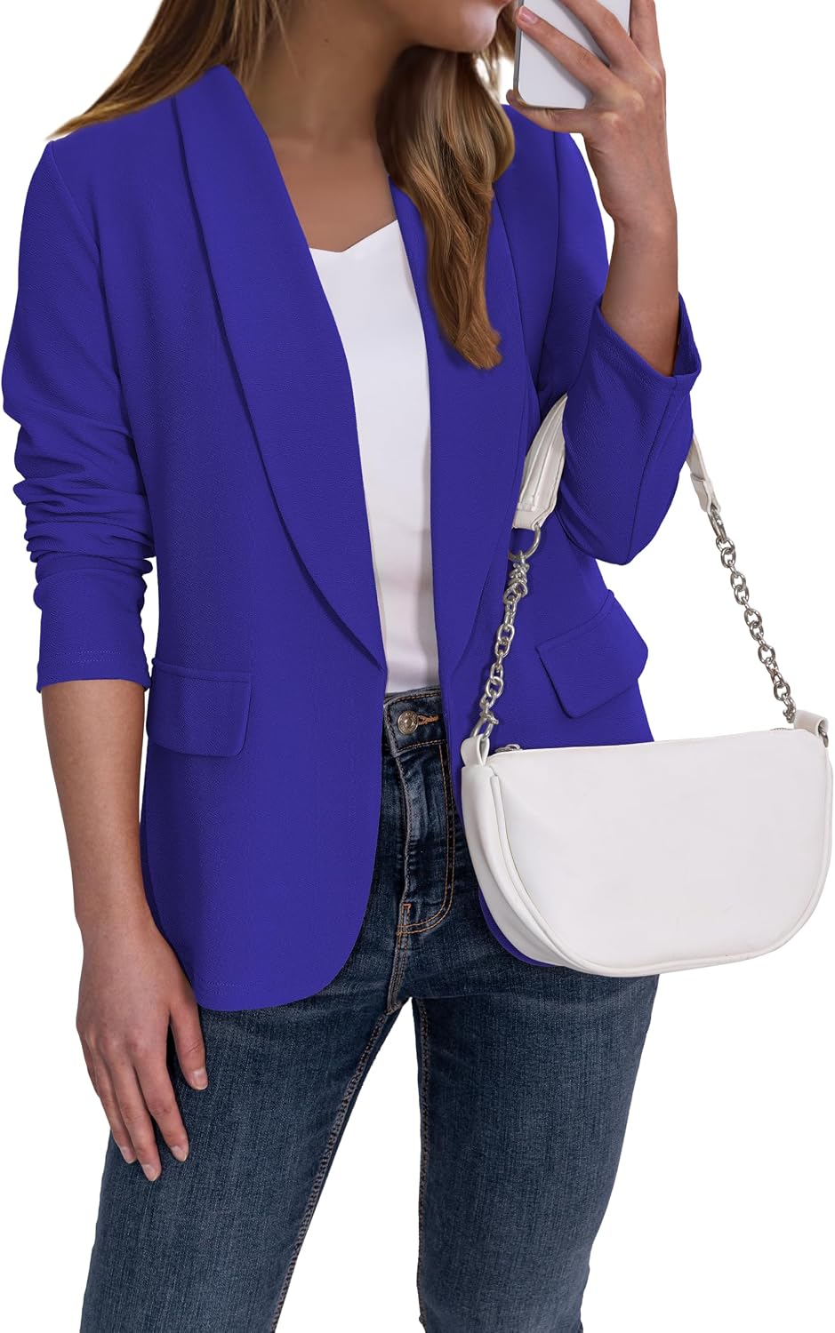 Women's Classic Lapel Blazer - Open Front Work Suit Jacket with Long Sleeves for Meetings and Business Casual - Medium