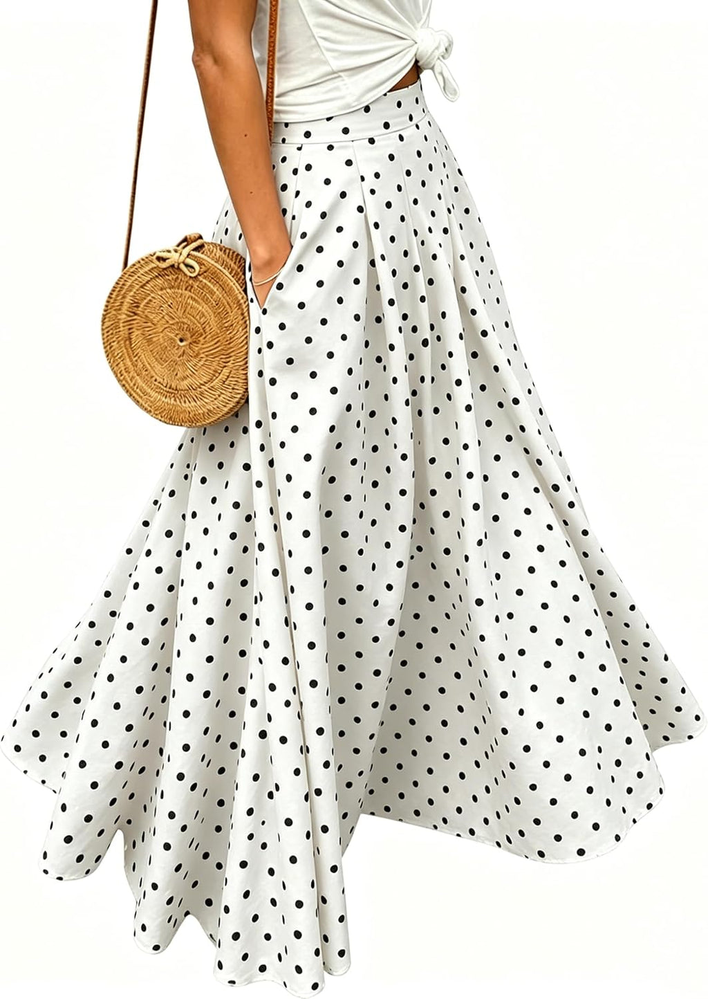 Women's Gingham Plaid Maxi Skirt - High Waist A-Line Pleated Long Skirt with Elastic Waist and Side Pockets - Small