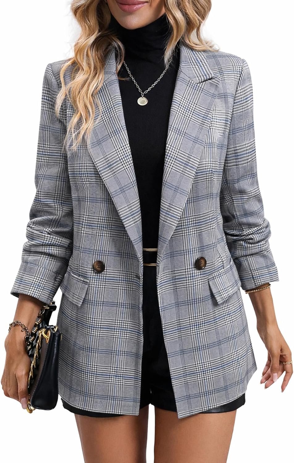 Women's Plaid Houndstooth Blazer - Fully Lined Double Breasted Jacket with Notched Lapel and Pockets for Fall Work - Pla