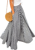 Women's Gingham Plaid Maxi Skirt - High Waist A-Line Pleated Long Skirt with Elastic Waist and Side Pockets - Small