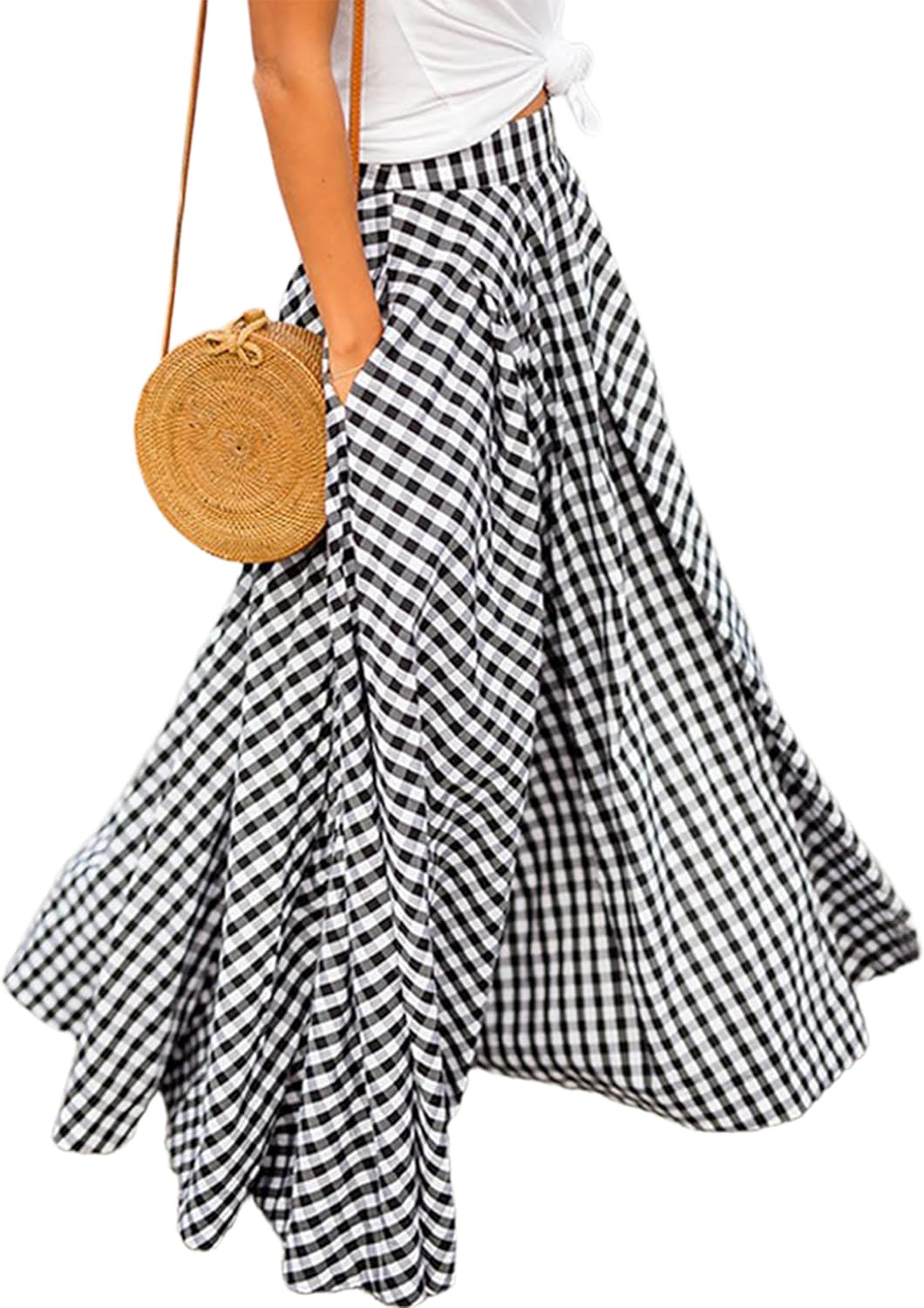 Women's Gingham Plaid Maxi Skirt - High Waist A-Line Pleated Long Skirt with Elastic Waist and Side Pockets - Small
